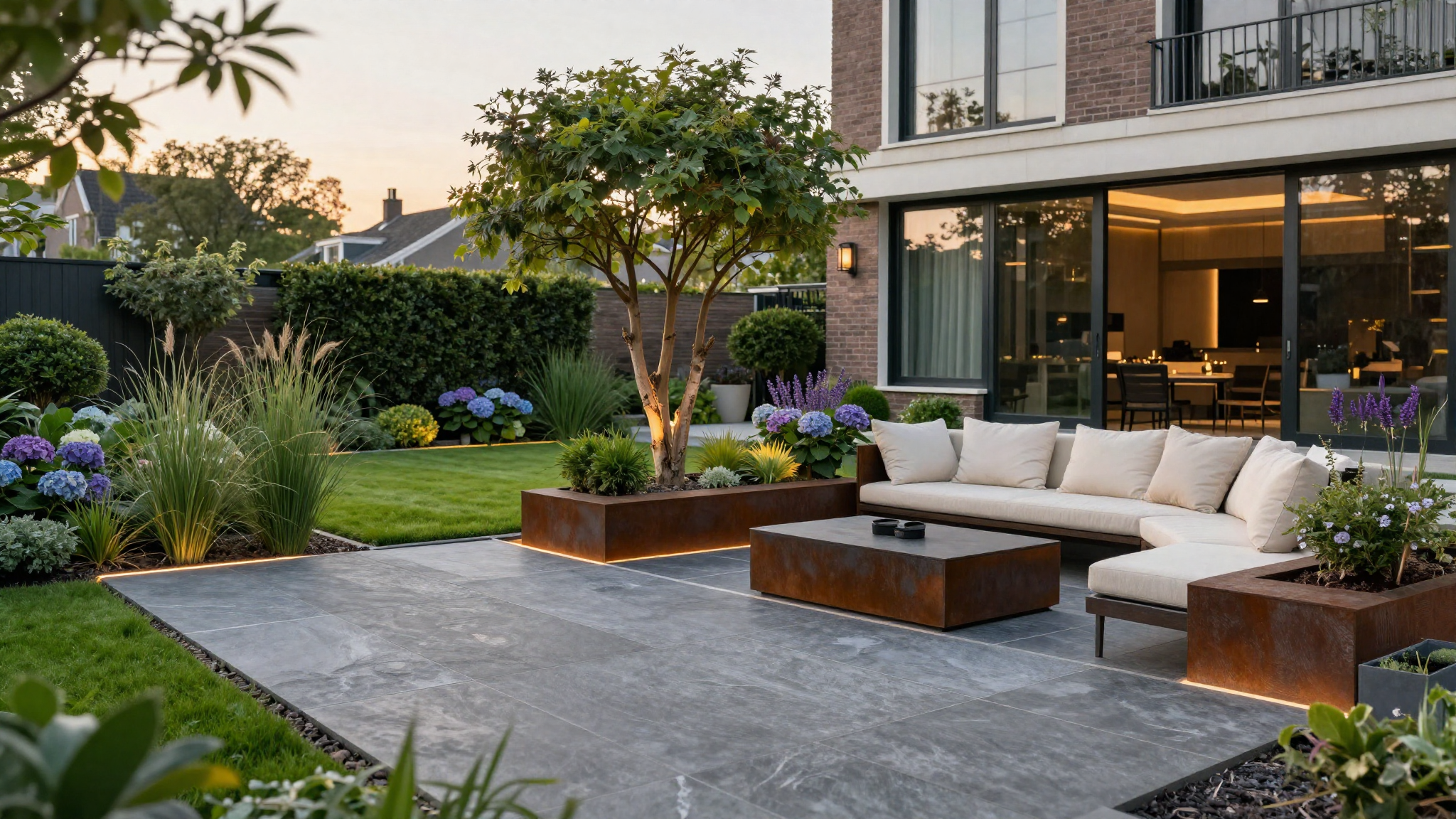 Strakke achtertuin met terras, beplanting en avondlicht — premium tuintransformatie